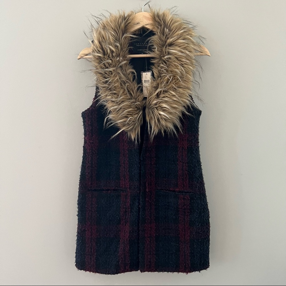 NWT Anthropologie Sanctuary Yannah Plaid Vest Tweed Faux Fur Collar Open XS